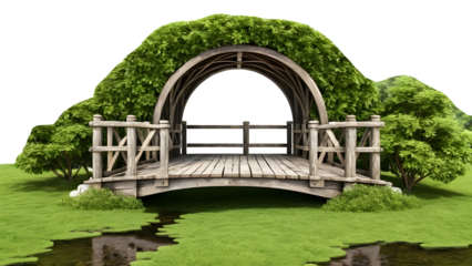Rustic wooden arch bridge isolated on a transparent or white background.