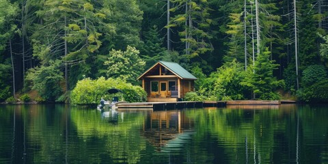 Fototapeta premium A cozy lakeside cabin surrounded by lush greenery, with a wooden dock extending into the calm water and a small boat moored nearby.