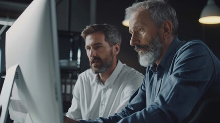 Two serious IT professionals intensely focused on their computer screens in a dim office, embodying dedication and problem-solving.