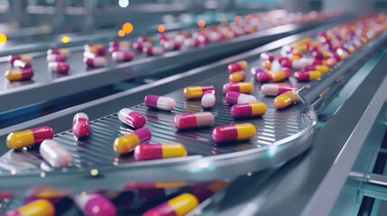 Capsules and pills flow along a production conveyor in a brightly lit pharmaceutical factory, showcasing industrial efficiency and modern technology.