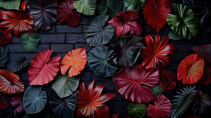   A close-up shot of vibrant green and red foliage adorning a brick wall