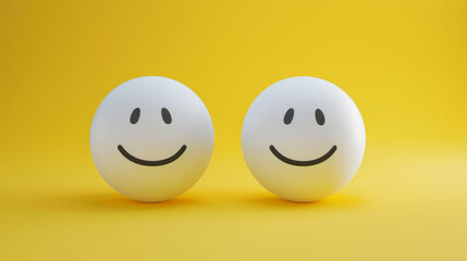 Fototapeta premium Two white smiley face balls on a vivid yellow background, exuding cheerfulness and simplicity.