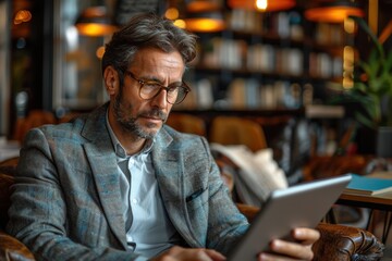 A man sits comfortably on a leather chair in a cozy library parlor filled with bookshelves, reading a tablet with a concentrated expression, illuminated by warm ambient light.
