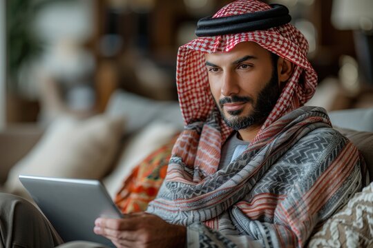 A man dressed in traditional Middle Eastern attire, holding and using a digital tablet while sitting indoors, focused on the screen, showcasing a blend of tradition and technology. - Powered by Adobe