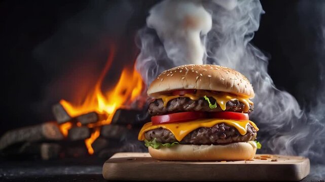Hot cheese burger in smoke and fire on a dark background , burger, dark, smoke