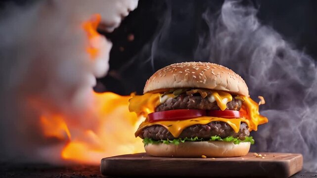 Hot cheese burger in smoke and fire on a dark background , burger, dark, smoke