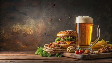 Beer and food photography background for poster design, craft beer, gourmet cuisine, appetizers, pub grub, brewery, delicious, tasty