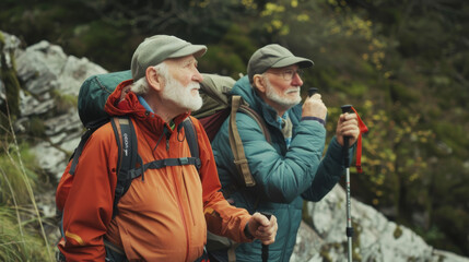 Two elderly men in hiking gear, standing in a forested area, looking into the distance with a sense of adventure and camaraderie.