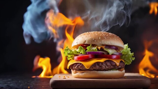 Hot cheese burger in smoke and fire on a dark background , burger, dark, smoke