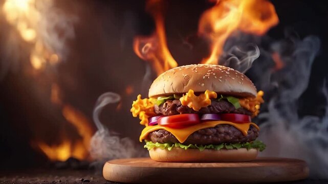 Hot cheese burger in smoke and fire on a dark background , burger, dark, smoke