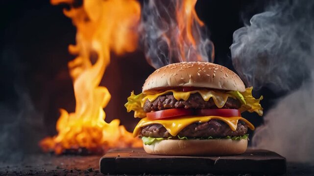 Hot cheese burger in smoke and fire on a dark background , burger, dark, smoke