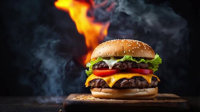 Hot cheese burger in smoke and fire on a dark background , burger, dark, smoke