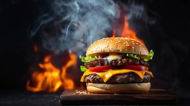 Hot cheese burger in smoke and fire on a dark background , burger, dark, smoke