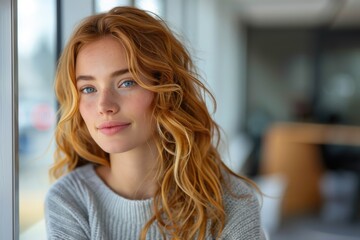 A young woman with beautiful red hair and a serene expression sits by a window, basking in the natural light, creating a peaceful and contemplative atmosphere indoors.