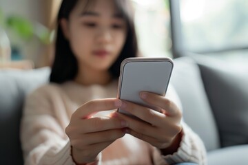 Asian woman's hand holding and reading the screen on her smartphone, phone, texting, messaging, The concept of using the phone is essential in everyday life.