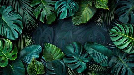  Green Tropical Leaves on Black Background with Green Leafy Pattern in Middle