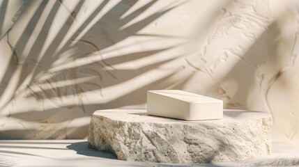 Simple product showcase on sleek stone with palm leaves shadow, raw photo