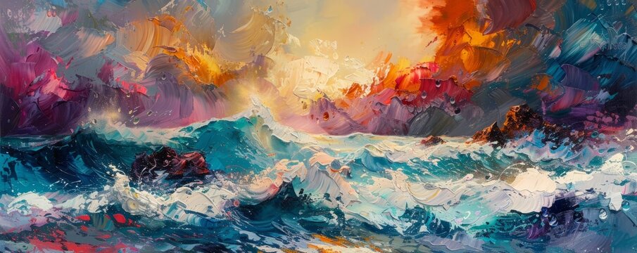 A vibrant abstract painting capturing the essence of a stormy sea, with waves crashing against jagged rocks.