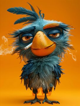 Grumpy Blue Bird with Orange Beak Smoking a Cigarette Against a Bright Orange Background: Cartoon-Style Character Illustration