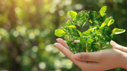 Hands gently holding a green, leaf-textured recycling symbol, backlit by sunlight, symbolizing care for the environment and sustainable practices.