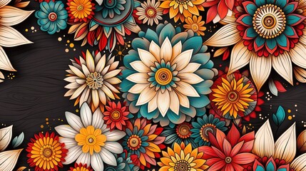   Black surface with white, red, yellow, and blue flowers