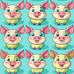 Obraz premium A repeating pattern featuring four funny pigs in pastel colors.