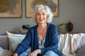 Attractive smiling mature woman sitting on the couch in her living room. Lifestyle concept.