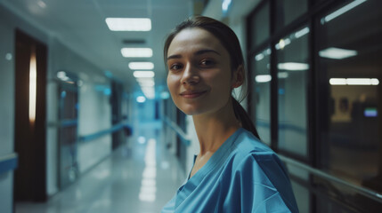 Fototapeta premium A caring nurse in blue scrubs, walking down a dimmed hospital corridor, looking back with a warm smile, creating a comforting scene.