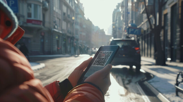A person scans a QR code with a smartphone on a bustling city street in the early hours, blending modern interaction with urban movement.