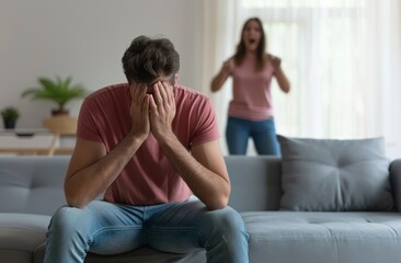 Obraz premium Young man sitting couch in front, crying and covering his face with hands while woman standing behind him is shouting at her husband. Domestic abuse concept