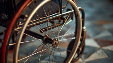 Selective focus on the wheel of an antique wheelchair