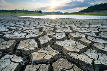 Sunlit Reservoir with Cracked Earth Depicts Urgent Climate Warning - Generative AI