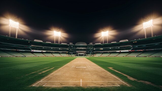 A Professional cricket sports background for advertisement, A Wide Perspective Spectacular sport cricket stadium with glowing floodlights and empty green grass field and pitch.