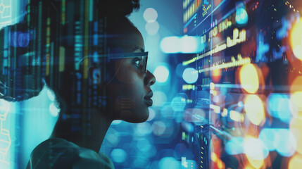 A person with glasses examines dynamic data on a glowing computer screen in a futuristic digital environment.