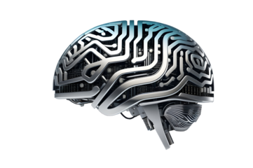 Digital AI electronic brain made from metallic elements isolated on a transparent or white background.