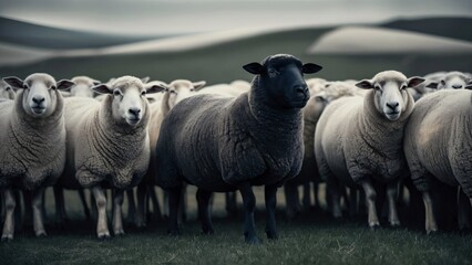 Fototapeta premium A black sheep among a flock of white sheep, raising head, Concept of standing out from the crowd, unique with its own identity, AI generated concept image.