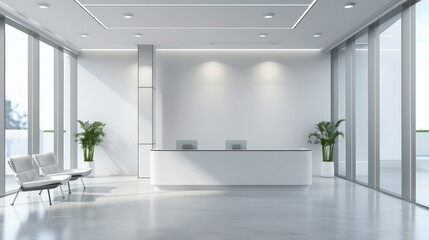 Fototapeta premium Minimalist office reception area with white furniture, large windows, and bright natural light, creating a serene, professional environment.