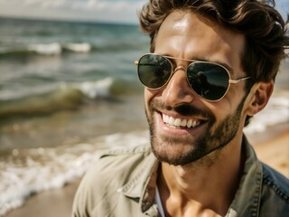 close up of happy man in sunglasses against ocean background, portrait of a person, AI