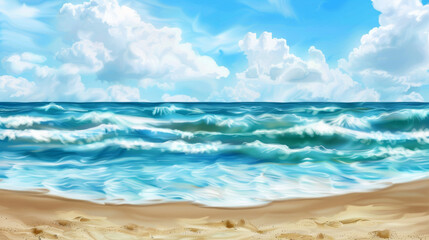 Obraz premium A vibrant, artistic beach scene with dynamic waves crashing onto the sandy shore under a bright, cloud-filled sky.