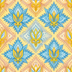 A repeating pattern that depicts an abstract pattern consisting of yellow and blue colors.