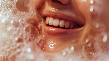 Obraz premium Close-up of a person's smiling mouth, covered in bubbly foam, capturing a moment of joy and playful fun.