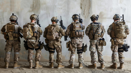 A group of soldiers in full combat gear walking in a dusty environment, demonstrating preparation and readiness amid challenging conditions.