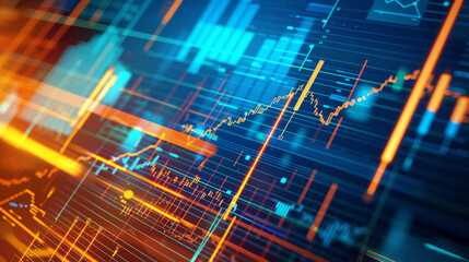 A dynamic, colorful representation of data with lines and graphs glowing against a dark grid background, capturing a digital landscape.