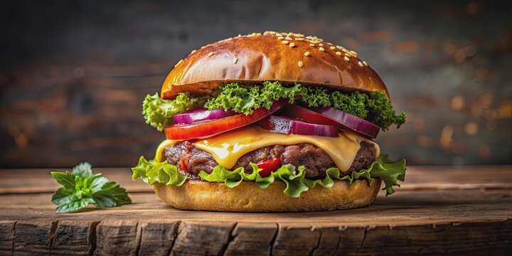 Close up product shot of a juicy artisan burger, showcasing its rustic beauty and deliciousness, food photography, burger