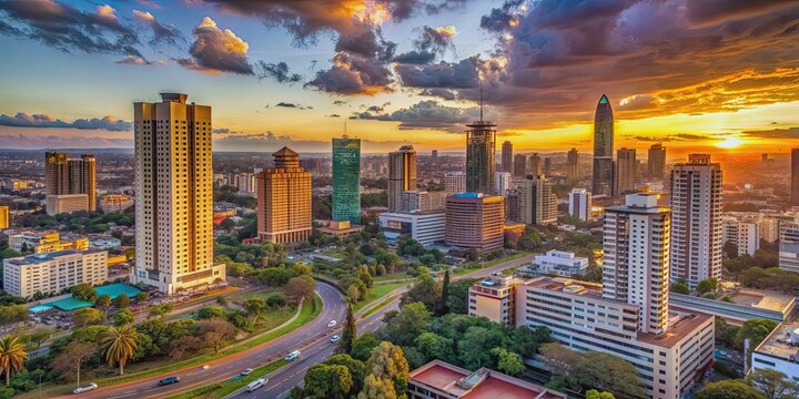 Dynamic Nairobi skyline at sunset with modern skyscrapers and busy traffic below, urban, cityscape, Nairobi, Kenya
