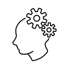 A line drawing of a person's head with two gears
