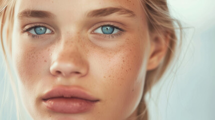 Fototapeta premium A close-up portrait of a young woman with striking blue eyes and a serene expression, evoking calm and contemplation.