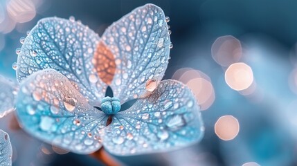   A macro shot of a blue blossom with water droplets on its petals and a fuzzy backdrop