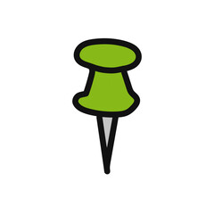 Green pushpin. Isolated pushpin in doodle style. Vector