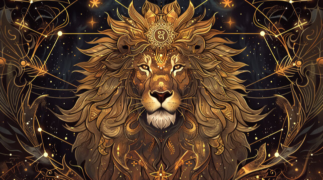 Illustration of the Leo zodiac sign. Powerful lion with a golden mane, backdrop of a starry night sky, with gold and warm tones,intricate patterns and elements